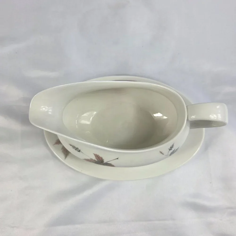 Royal Doulton Tumbling Leaves Gravy Boat & Underplate Gray & Pink Leaves
